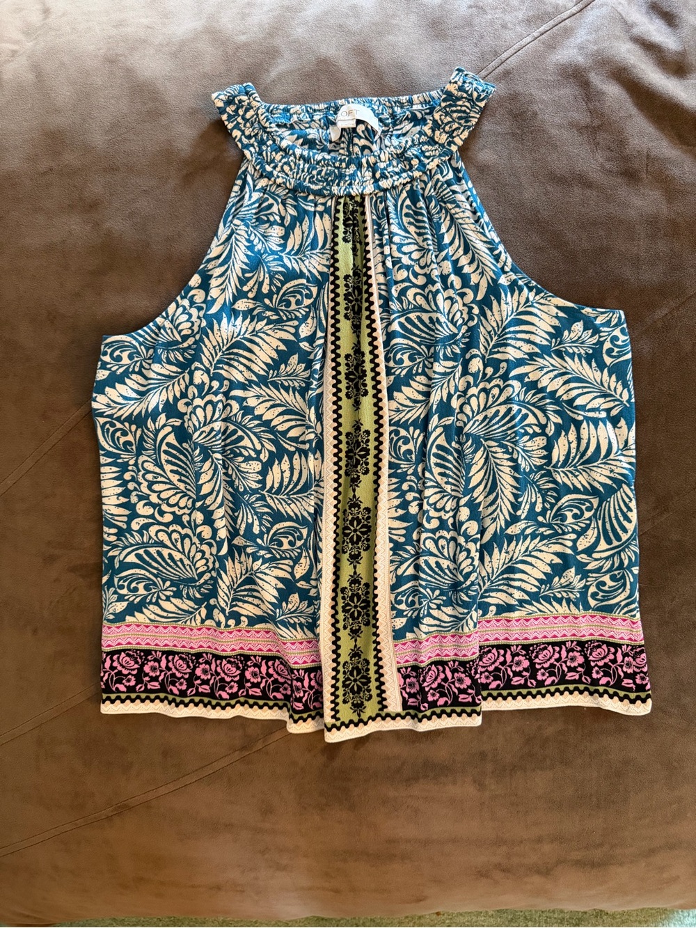 LOFT Tribal Blue &White Floral Halter Tank Center Panel & Pink Border